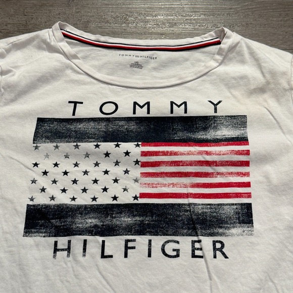 Tommy Hilfiger Shirt Womens Large White American Flag Spellout Logo Casual Adult - Picture 2 of 8
